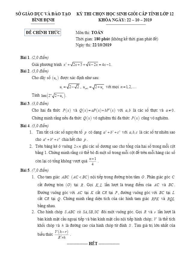 Đề chọn học sinh giỏi tỉnh Toán 12 năm 2019 2020 sở GD&ĐT Bình Định