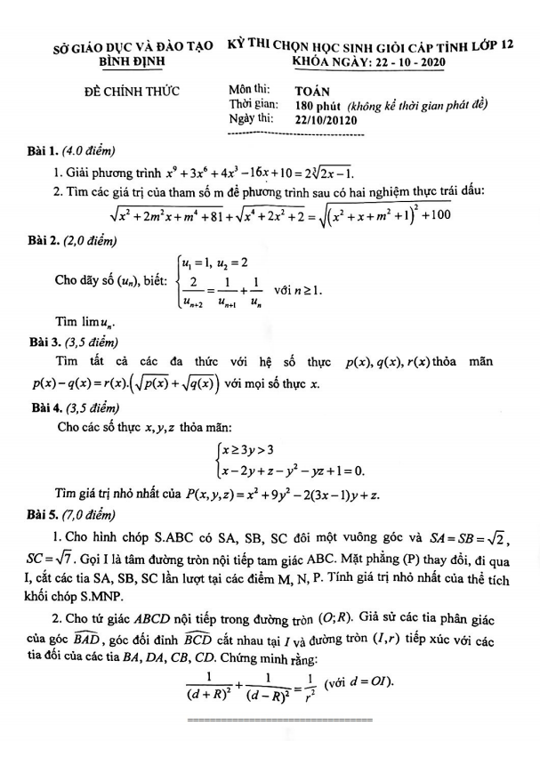 Đề chọn học sinh giỏi tỉnh Toán 12 năm 2020 2021 sở GD&ĐT Bình Định