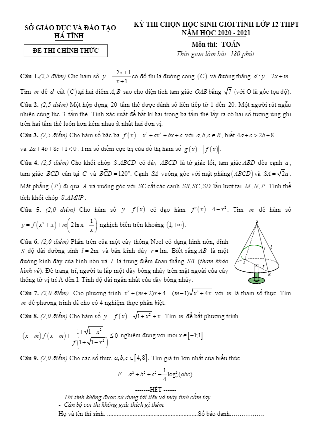 Đề chọn học sinh giỏi tỉnh Toán 12 THPT năm 2020 2021 sở GD&ĐT Hà Tĩnh