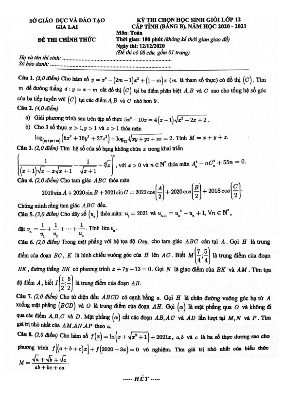 Đề chọn học sinh giỏi Toán 12 năm 2020 2021 sở GD&ĐT Gia Lai (Bảng B)