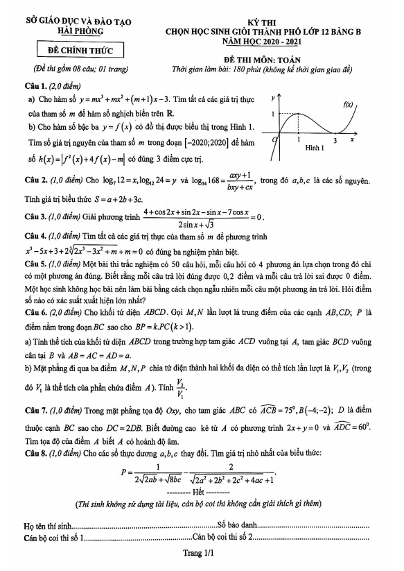 Đề chọn học sinh giỏi Toán 12 năm 2020 2021 sở GD&ĐT Hải Phòng (Bảng B)