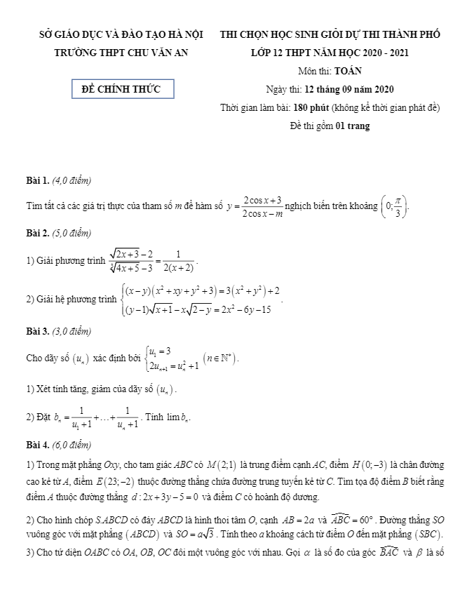 Đề chọn học sinh giỏi Toán 12 năm 2020 2021 trường THPT Chu Văn An Hà Nội