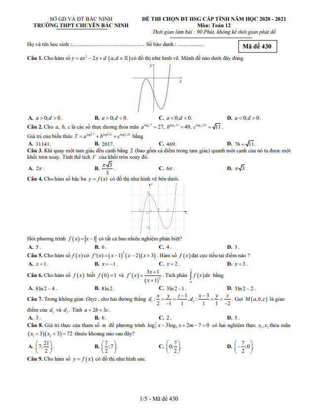 Đề chọn HSG cấp tỉnh Toán 12 năm 2020 2021 trường chuyên Bắc Ninh