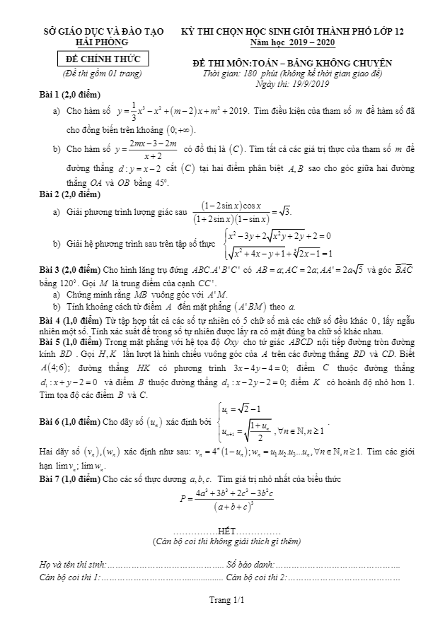 Đề chọn HSG thành phố Toán 12 năm 2019 2020 sở GD&ĐT Hải Phòng