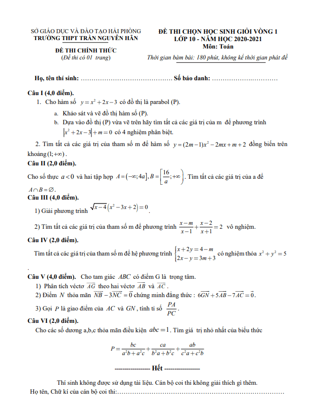 Đề chọn HSG Toán 10 vòng 1 năm 2020 2021 trường THPT Trần Nguyên Hãn Hải Phòng