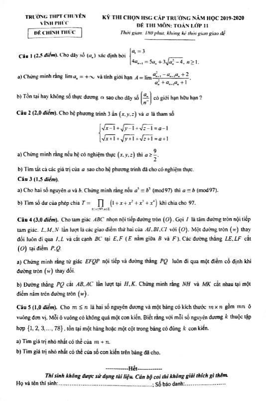 Đề chọn HSG Toán 11 cấp trường năm 2019 2020 trường THPT chuyên Vĩnh Phúc