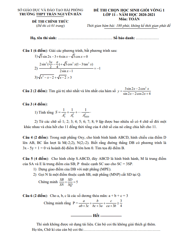 Đề chọn HSG Toán 11 vòng 1 năm 2020 2021 trường THPT Trần Nguyên Hãn Hải Phòng