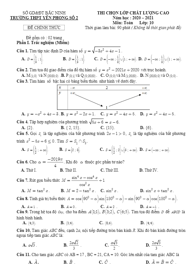 Đề chọn lớp chất lượng cao Toán 10 năm 2020 2021 trường Yên Phong 2 Bắc Ninh