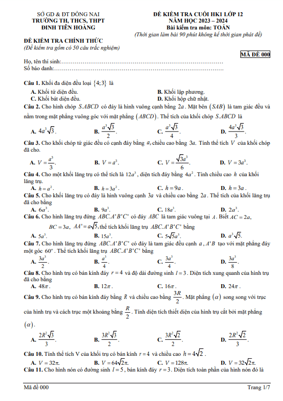 Đề cuối HK1 Toán 12 năm 2023 2024 trường Đinh Tiên Hoàng Đồng Nai
