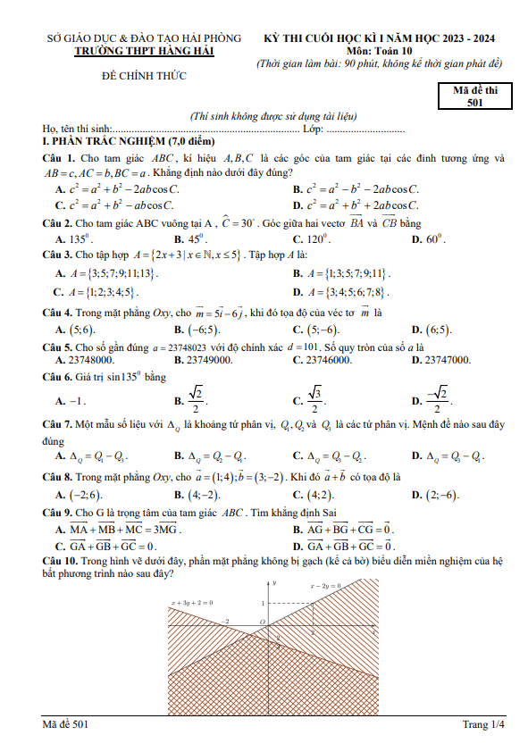 Đề cuối học kì 1 Toán 10 năm 2023 2024 trường THPT Hàng Hải Hải Phòng