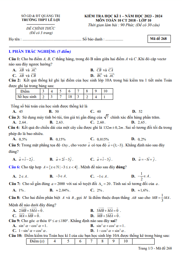 Đề cuối học kì 1 Toán 10 năm 2023 2024 trường THPT Lê Lợi Quảng Trị