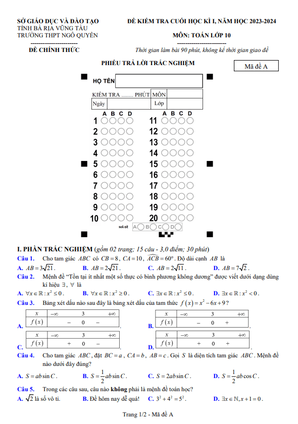Đề cuối học kì 1 Toán 10 năm 2023 2024 trường THPT Ngô Quyền BR VT