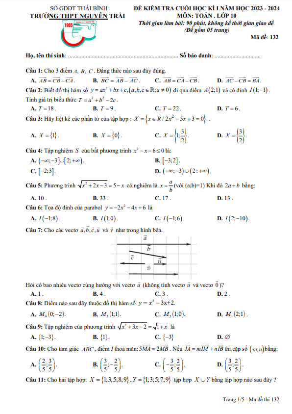 Đề cuối học kì 1 Toán 10 năm 2023 2024 trường THPT Nguyễn Trãi Thái Bình