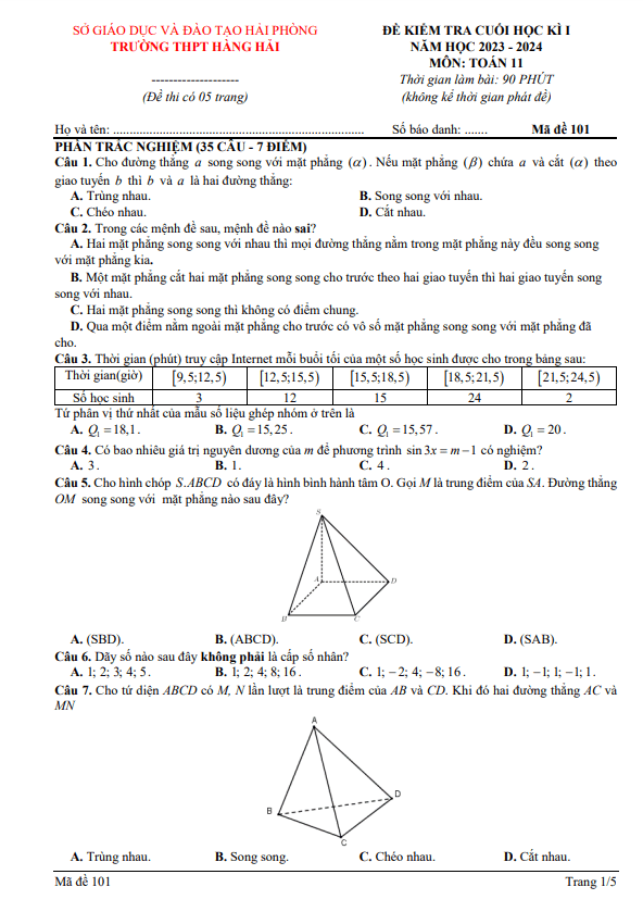 Đề cuối học kì 1 Toán 11 năm 2023 2024 trường THPT Hàng Hải Hải Phòng