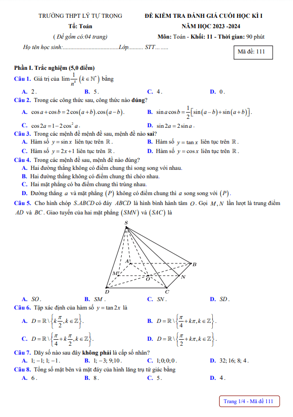Đề cuối học kì 1 Toán 11 năm 2023 2024 trường THPT Lý Tự Trọng Khánh Hòa