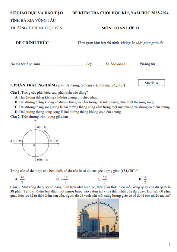 Đề cuối học kì 1 Toán 11 năm 2023 2024 trường THPT Ngô Quyền BR VT