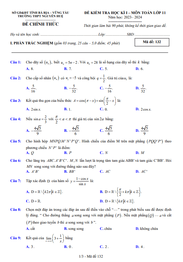 Đề cuối học kì 1 Toán 11 năm 2023 2024 trường THPT Nguyễn Huệ BR VT