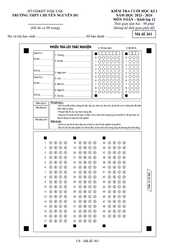 Đề cuối học kì 1 Toán 12 năm 2023 2024 trường chuyên Nguyễn Du Đắk Lắk