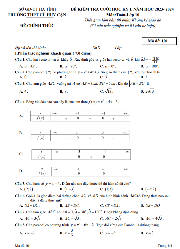 Đề cuối học kỳ 1 Toán 10 năm 2023 2024 trường THPT Cù Huy Cận Hà Tĩnh