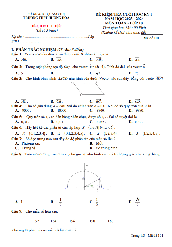 Đề cuối học kỳ 1 Toán 10 năm 2023 2024 trường THPT Hướng Hóa Quảng Trị