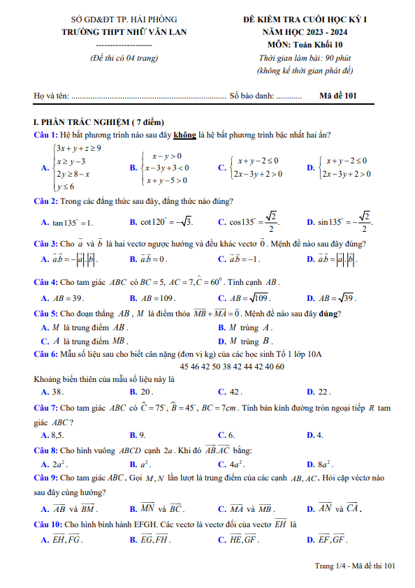 Đề cuối học kỳ 1 Toán 10 năm 2023 2024 trường THPT Nhữ Văn Lan Hải Phòng