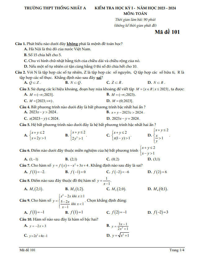 Đề cuối học kỳ 1 Toán 10 năm 2023 2024 trường THPT Thống Nhất A Đồng Nai