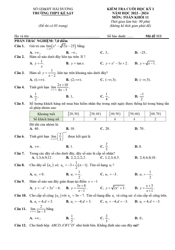 Đề cuối học kỳ 1 Toán 11 năm 2023 2024 trường THPT Kẻ Sặt Hải Dương