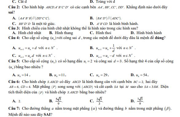 Đề cuối học kỳ 1 Toán 11 năm 2023 2024 trường THPT Kinh Môn Hải Dương