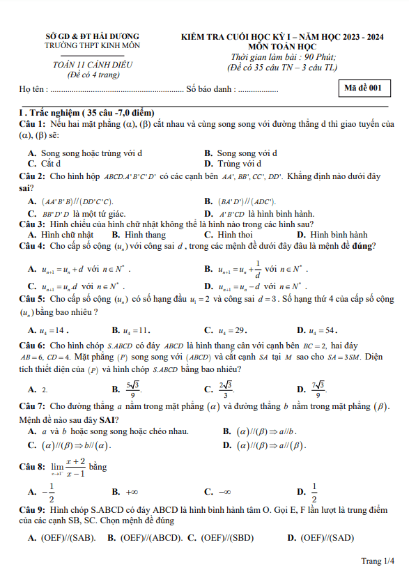 Đề cuối học kỳ 1 Toán 11 năm 2023 2024 trường THPT Kinh Môn Hải Dương