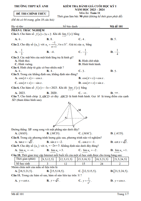 Đề cuối học kỳ 1 Toán 11 năm 2023 2024 trường THPT Kỳ Anh Hà Tĩnh