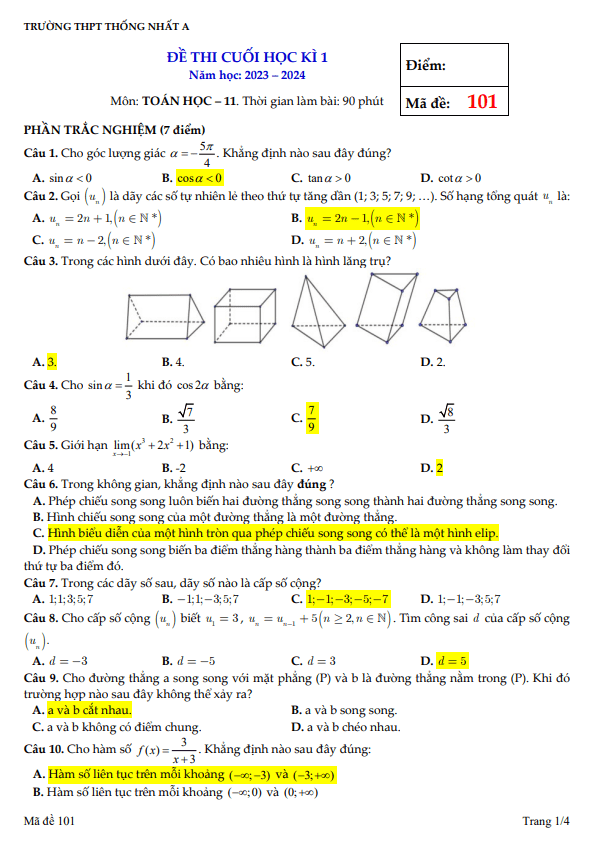 Đề cuối học kỳ 1 Toán 11 năm 2023 2024 trường THPT Thống Nhất A Đồng Nai