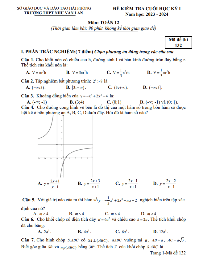 Đề cuối học kỳ 1 Toán 12 năm 2023 2024 trường THPT Nhữ Văn Lan Hải Phòng
