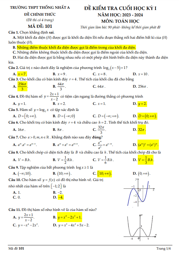 Đề cuối học kỳ 1 Toán 12 năm 2023 2024 trường THPT Thống Nhất A Đồng Nai