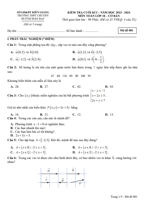 Đề cuối kì 1 Toán 10 năm 2023 2024 trường chuyên Huỳnh Mẫn Đạt Kiên Giang