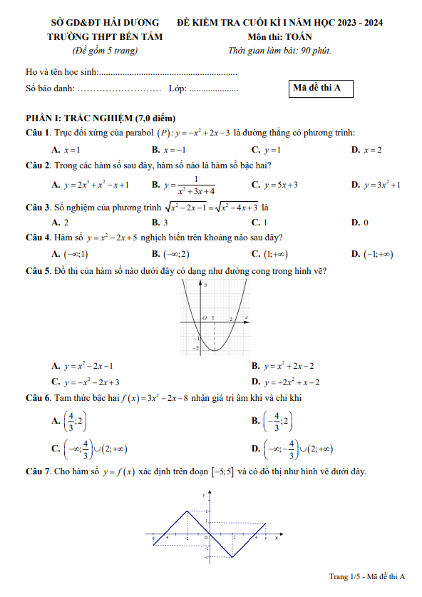Đề cuối kì 1 Toán 10 năm 2023 2024 trường THPT Bến Tắm Hải Dương