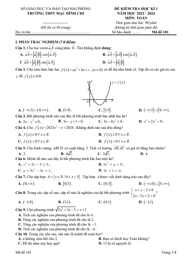 Đề cuối kì 1 Toán 10 năm 2023 2024 trường THPT Mạc Đĩnh Chi Hải Phòng