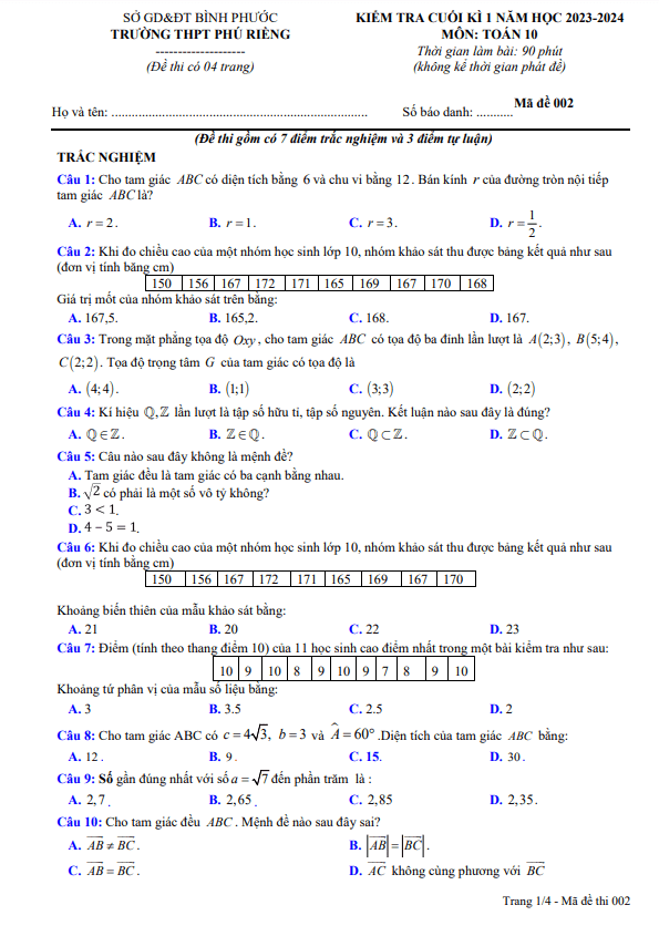 Đề cuối kì 1 Toán 10 năm 2023 2024 trường THPT Phú Riềng Bình Phước