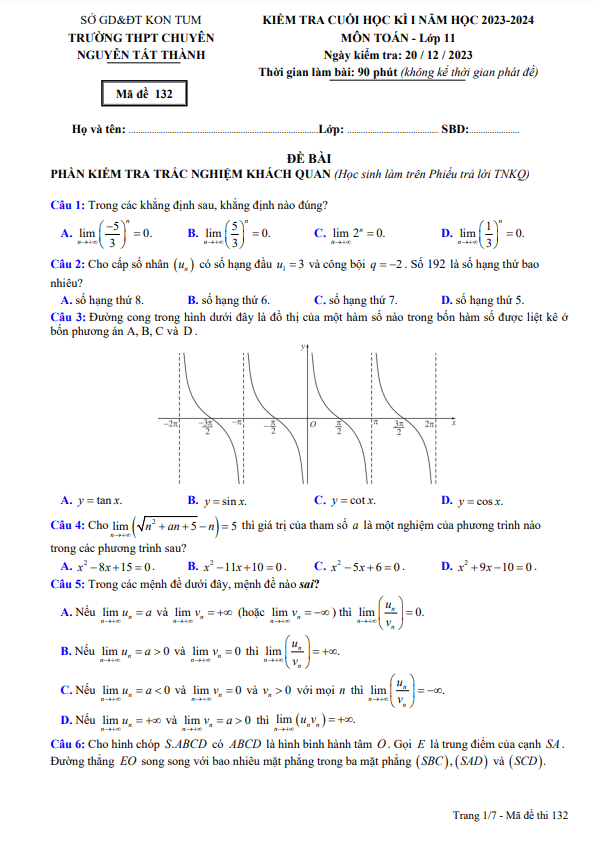 Đề cuối kì 1 Toán 11 năm 2023 2024 trường chuyên Nguyễn Tất Thành Kon Tum