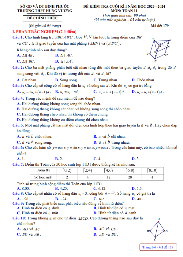 Đề cuối kì 1 Toán 11 năm 2023 2024 trường THPT Hùng Vương Bình Phước