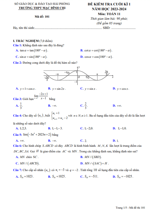 Đề cuối kì 1 Toán 11 năm 2023 2024 trường THPT Mạc Đĩnh Chi Hải Phòng