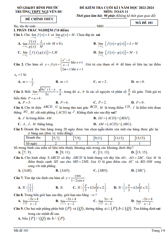 Đề cuối kì 1 Toán 11 năm 2023 2024 trường THPT Nguyễn Du Bình Phước