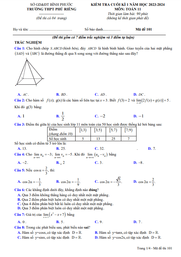 Đề cuối kì 1 Toán 11 năm 2023 2024 trường THPT Phú Riềng Bình Phước