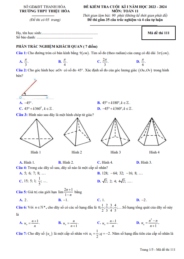 Đề cuối kì 1 Toán 11 năm 2023 2024 trường THPT Thiệu Hóa Thanh Hóa