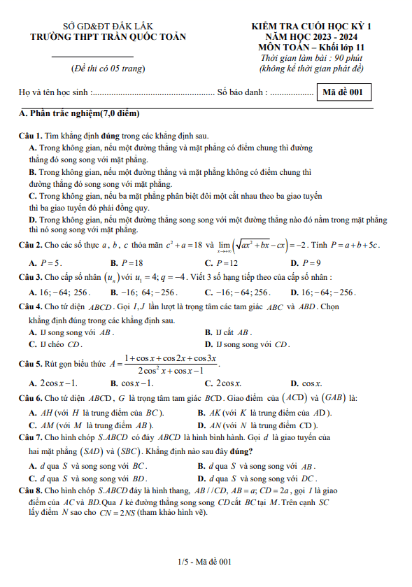 Đề cuối kì 1 Toán 11 năm 2023 2024 trường THPT Trần Quốc Toản Đắk Lắk
