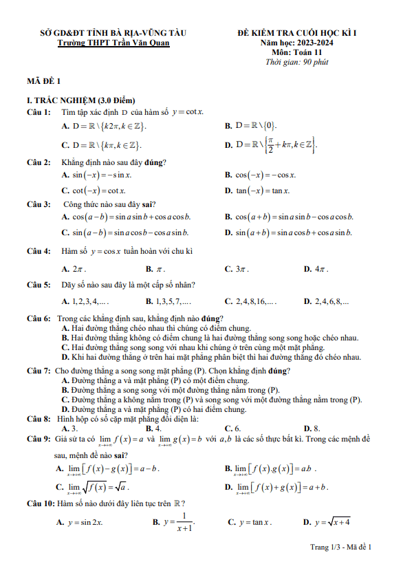 Đề cuối kì 1 Toán 11 năm 2023 2024 trường THPT Trần Văn Quan BR VT