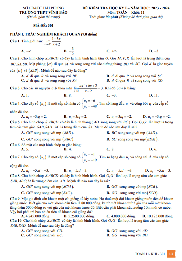 Đề cuối kì 1 Toán 11 năm 2023 2024 trường THPT Vĩnh Bảo Hải Phòng