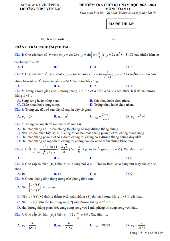 Đề cuối kì 1 Toán 11 năm 2023 2024 trường THPT Yên Lạc Vĩnh Phúc