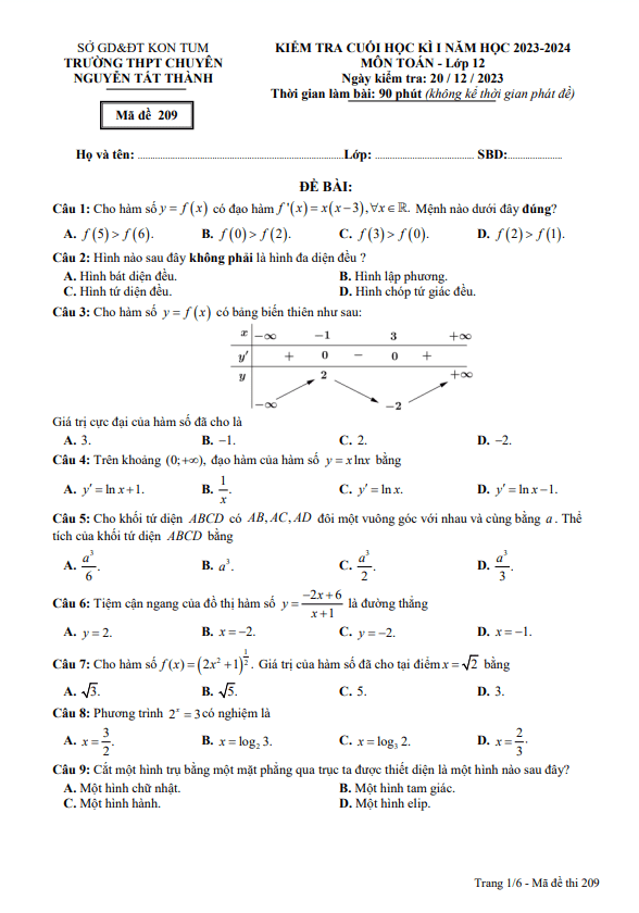 Đề cuối kì 1 Toán 12 năm 2023 2024 trường chuyên Nguyễn Tất Thành Kon Tum