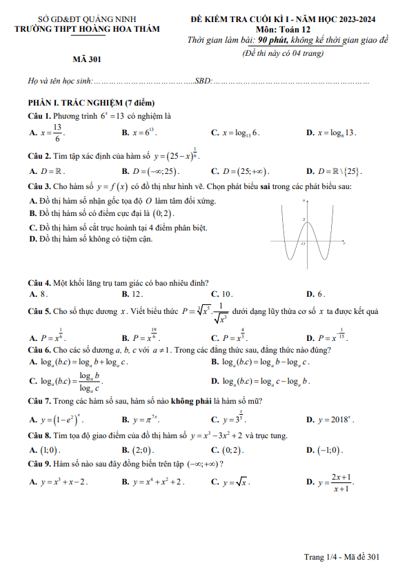 Đề cuối kì 1 Toán 12 năm 2023 2024 trường THPT Hoàng Hoa Thám Quảng Ninh