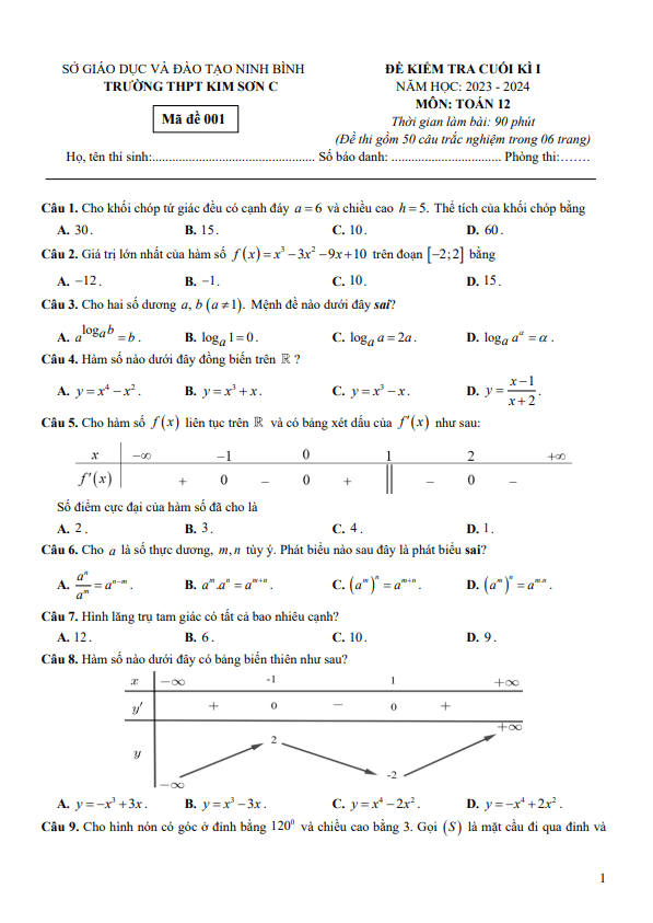 Đề cuối kì 1 Toán 12 năm 2023 2024 trường THPT Kim Sơn C Ninh Bình